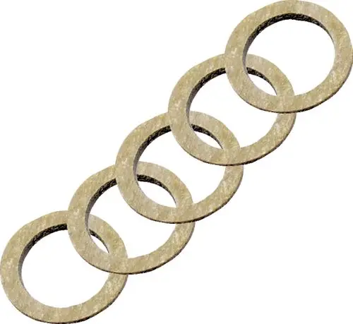 Fünf runde, flache Dichtungen in beige, die für anwendungsspezifische Anwendungen bei Wolf-Produkten geeignet sind. Sie sind nebeneinander angeordnet und zeigen die innere Öffnung.